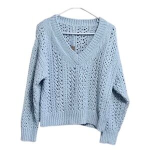 Hello Nite Light Blue Open Knit V Neck Sweater Women's Small NWT